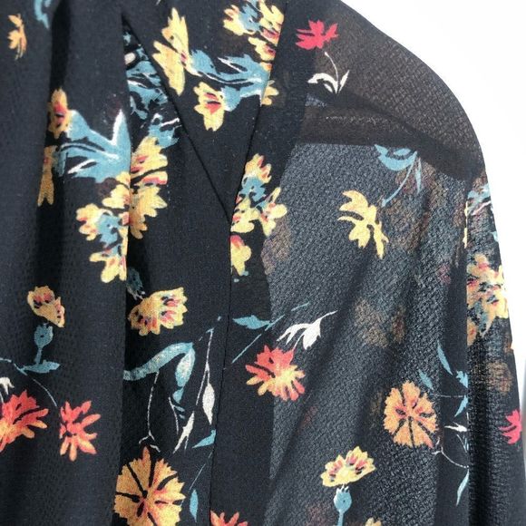 Free People Lilou Black Floral Print Mini Dress Belted Long Bell Sleeves - Picture 5 of 11